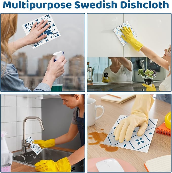 6 Pack Swedish Dishcloths for Kitchen,Swedish Rags Dish Towels with Clips | Reusable Paper Towels Washable Absorbent Cellulose Sponge Cloths for Countertop Dishes Sink Kitchen