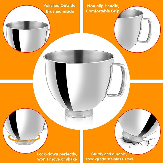 5QT Stainless Steel Mixer Bowl for KitchenAid 4.5 & 5 Quart Tilt-Head Mixer | Seamless polished stainless steel bowl, dishwasher & oven safe fits KitchenAid 4.5/5QT KSM103 KSM110 tilt-head mixers