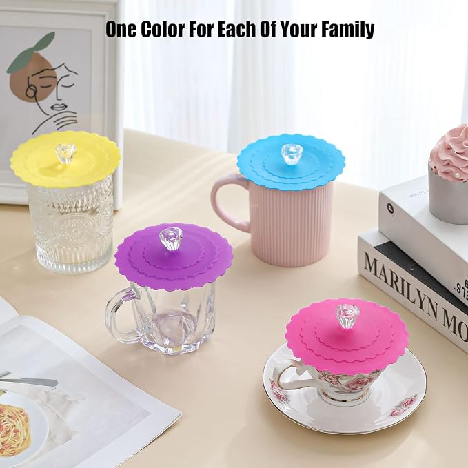 Silicone Cup Covers (Set of 4),Multicolored Silicone Lids,tea cup cover | Mug Covers for Mugs, Cups, Tea Pots,Flexible Mug Covers,Hot Cup Lids for Coffee & Tea