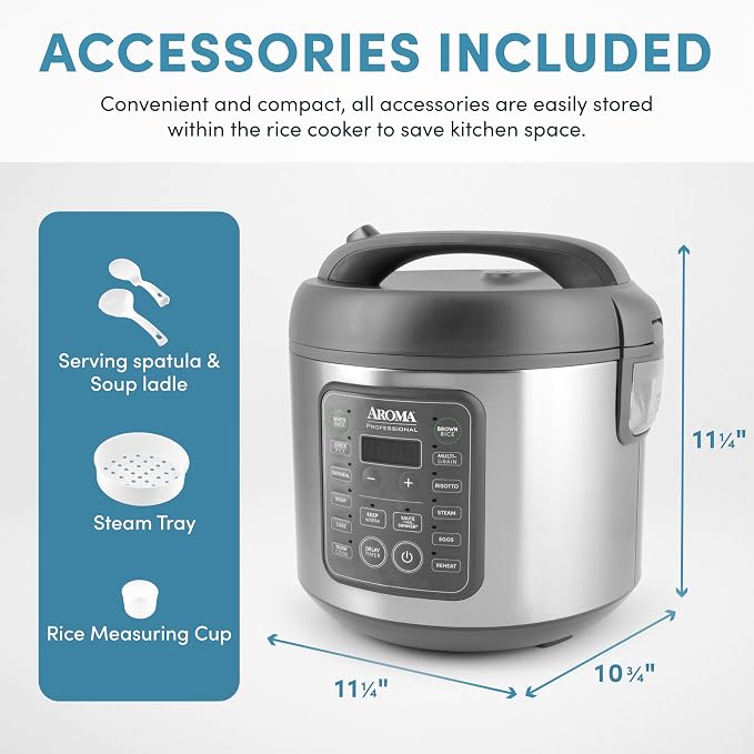 AROMA Professional Digital Rice Cooker, 10-Cup (Uncooked) / 20-Cup (Cooked), Multicooker, Slow Cooker, Steamer, Oatmeal Cooker, Egg Cooker, STS, 5 Qt, Gray, ARC-5200SG