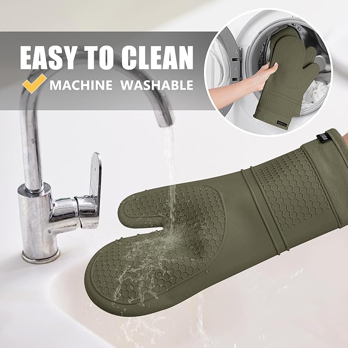 RORECAY Silicone Oven Mitts and Pot Holders Sets, Gloves for Kitchen, Olive | Set of 6 Kitchen Mitts for Baking & Cooking, Heat Resistant 500 ℉, 12.7" Extra Long, Non-Slip & Waterproof, Quilted Cotton