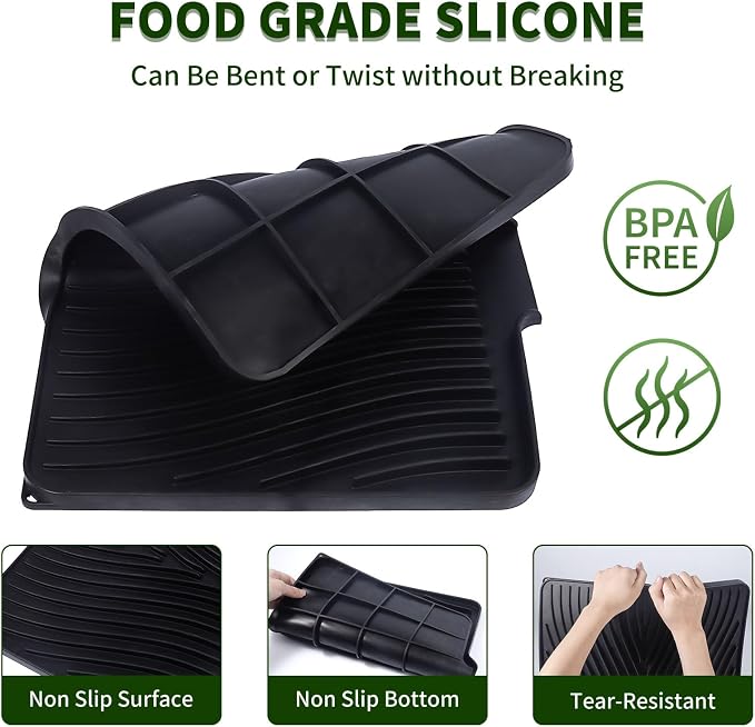 Silicone Dish Drying Mat for Kitchen Counter, 16" x 13" Black-1pcs | Heat Resistant & Non-Slip Dish Drain Pad with Built-In Drain, Quick-Dry, Hangable & Roll-Up for Storage，Multi-Functional Use