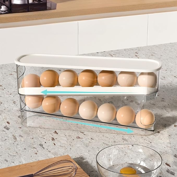 WACOI Auto Rolling Fridge Egg Organizer, Space Saving Eggs Dispenser for Refrigerator Storager with Lid,Egg Holder for Fridge 2 Pack