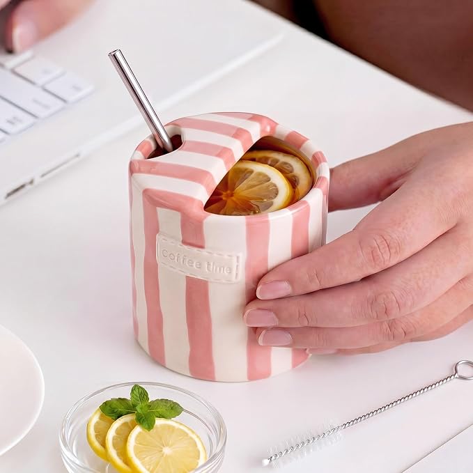 1 Pack Ceramic Mug with Sip Hole, Simple, Pink | 10oz Ceramic Coffee Cup with Straws, Retro Hand Painted Striped, for Iced Coffee Tea Latte Espresso, Kitchen Dining Travel