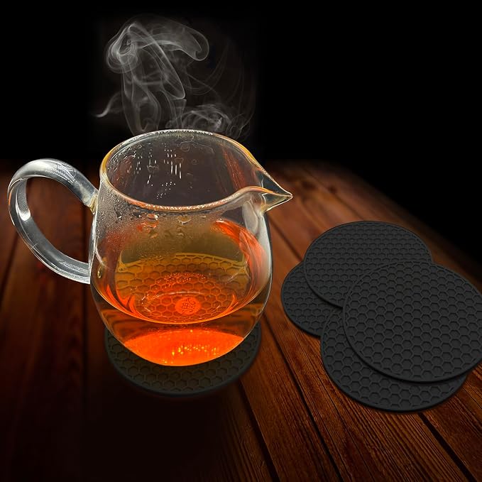 Silicone Non-Slip, Heat Resistant & Water-Trapping Trivet Mats for Water Glasses & Teacup & Coffee Cup & Dishes & Cookware, Multipurpose Kitchen Table Coaster, 3.5-Inch, 5 Pcs, Black