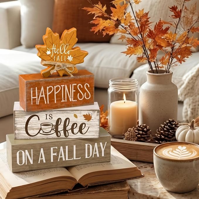 Lineshading 4 Pcs Fall Block Signs, Wooden Farmhouse Tiered Tray Decor | Stackable Rustic Wood Blocks with Maple Leaf Topper, Coffee Happiness Quote, Perfect for Tabletop Mantel Shelf Display
