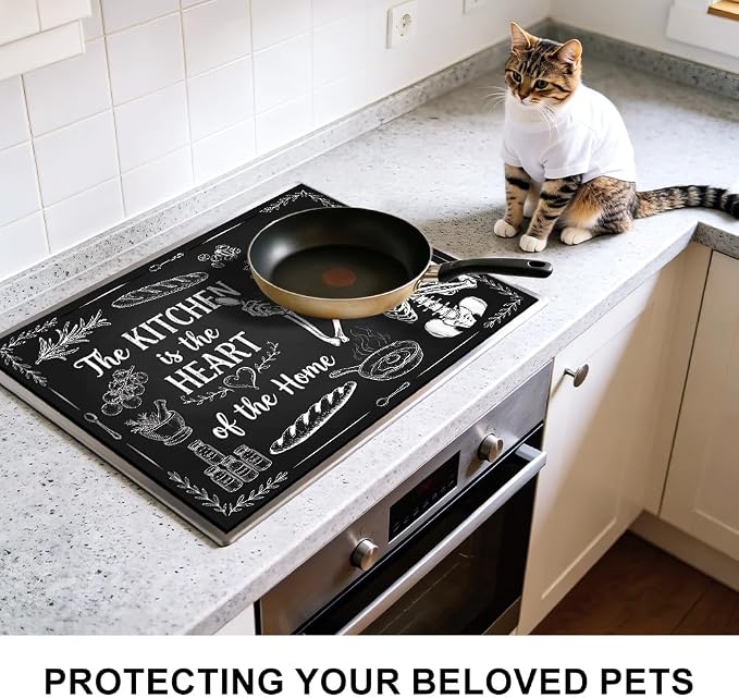Skeleton Stove Top Cover for Electric Stove, 28x20 In, Glass Mat | Non-slip washable cooktop protector; doubles as dish drying mat, counter, food prep, ironing pad; gothic skull kitchen decor