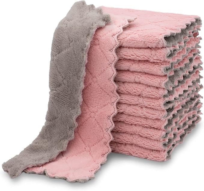 kimteny 12 Pack Dish Cloths for Washing Dishes | Super Absorbent Microfiber Kitchen Dish Rags, Fast Drying Coral Velvet Dish Cloths for Kitchen Counter and Dishes, Pink-Grey