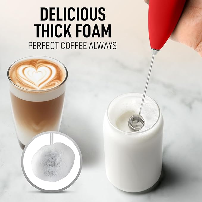 Zulay Kitchen Powerful Milk Frother Wand With Duracell Batteries - Ultra Fast Handheld Drink Mixer - Electric Whisk Foam Maker for Coffee, Lattes, Cappuccino & Matcha - Double Whisk - Red