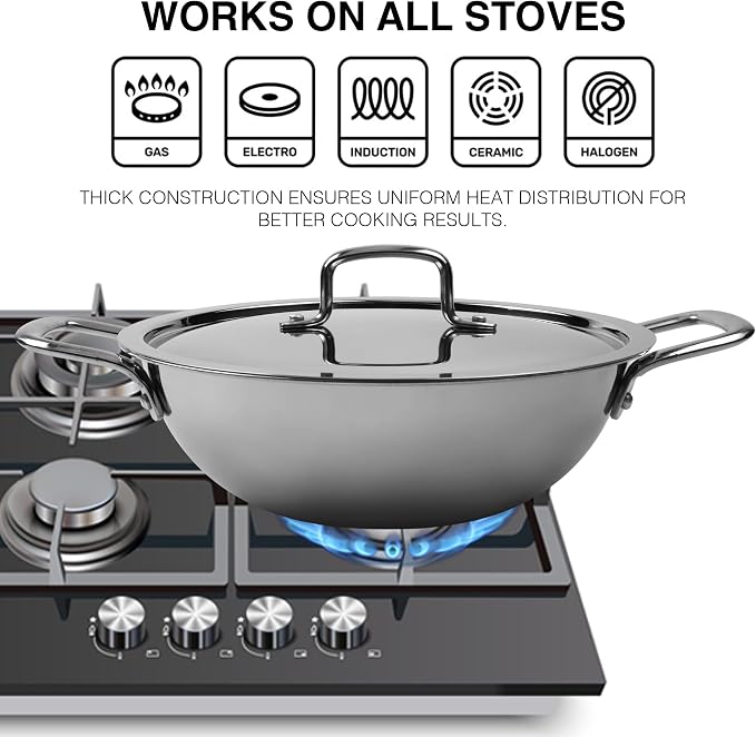 KSJONE 1-Quart Tri-Ply Stainless Steel Kadai with Lid, Less Oil Use, Healthy Cooking, Food Safe, Stay Cool Handles, Compatible with All Modern Cooktops, Oven-Safe, Dishwasher-Friendly