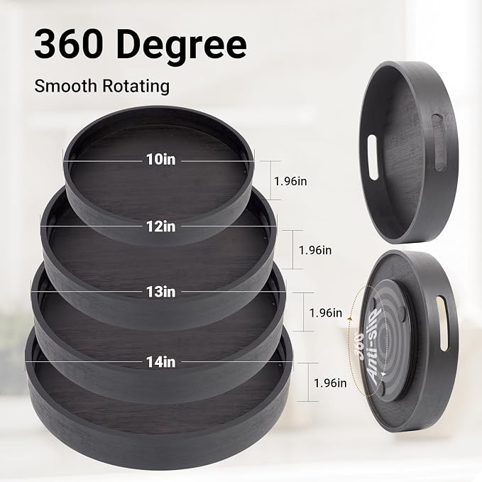 10in Black Bamboo Lazy Susan Turntable Organizer for Pantry | Tall Side Anti-Fall, Organizer Turntable for Countertop & Cabinet | Round Spice & Seasoning Condiment Spinner Tray