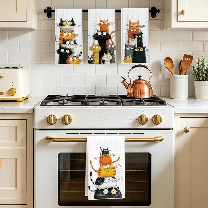 4 Pcs Cute Cat Kitchen Towels, Funny Cats Gifts Absorbent Hand Towels-05 | Cat Dish Cloths for Drying Dishes, Cats Waffle Dish Towels for Kitchen Home Bathroom Decor, Cat Lover Gifts for Women Mom
