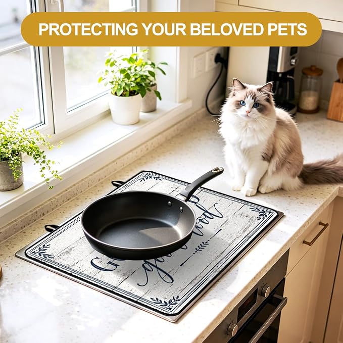 Good Food Good Mood Farmhouse Stove Top Cover Electric Gas Stove | Modern farmhouse kitchen decor; non-slip stovetop cover, glass cooktop noodle board, rustic country counter mat with quote