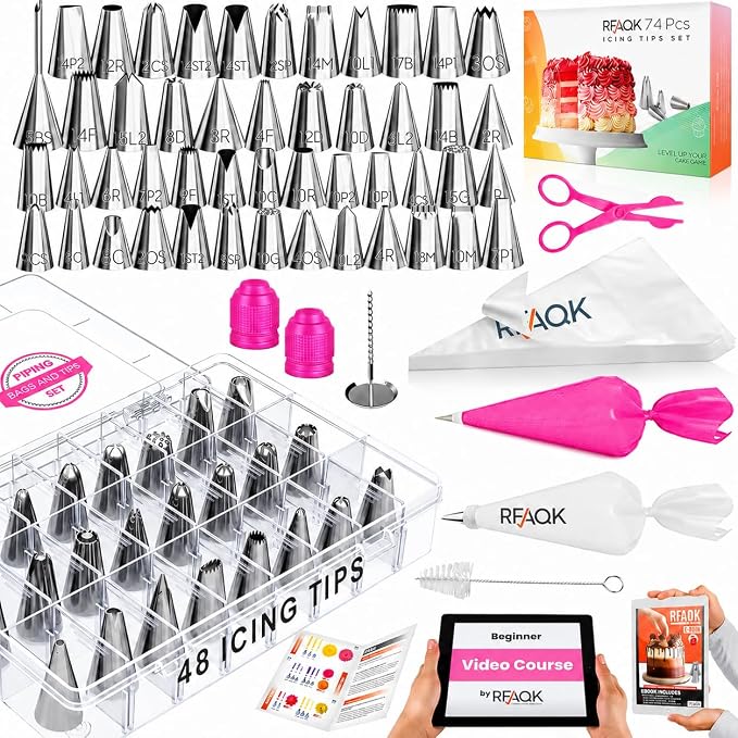 RFAQK 74 PCs Icing Piping Bags and Tips Set, Cake Decorating Kit with 48-Numbered Piping Tips, 20+1 Pastry Bags for Cookie Cupcake Cake Decoration, with Booklet and E-book (Pink)