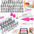 RFAQK 74 PCs Icing Piping Bags and Tips Set, Cake Decorating Kit with 48-Numbered Piping Tips, 20+1 Pastry Bags for Cookie Cupcake Cake Decoration, with Booklet and E-book (Pink)