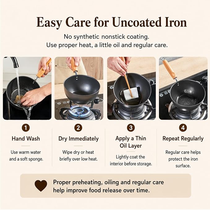WANGYUANJI 1.6 Qt Small Iron Saucepan with Lid, 7.1-Inch Ramen Cooking Pot | Uncoated hammered iron body with removable wooden handle; ideal for ramen, milk, sauces and single-serve meals on induction.