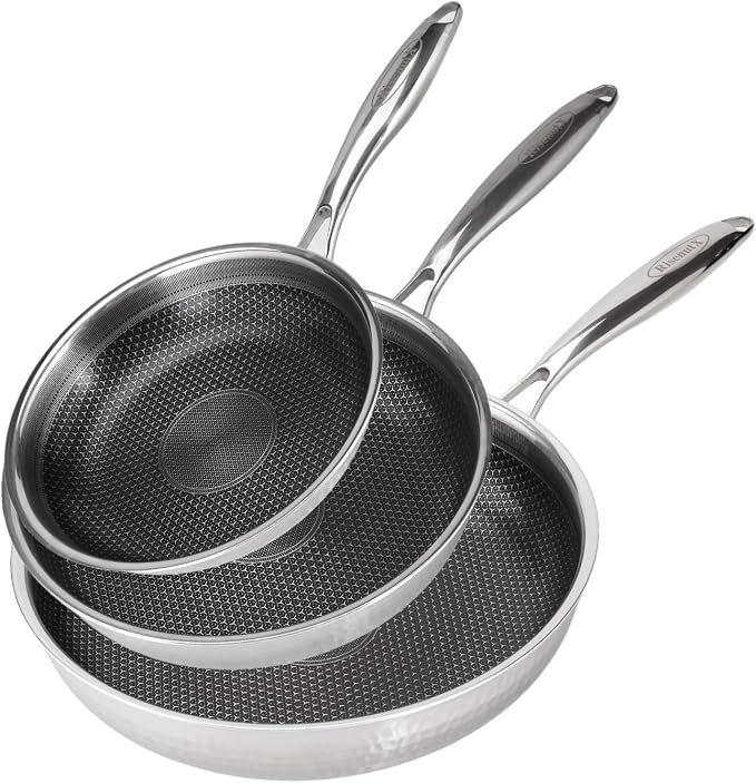 Hybrid 8 10 12 inch Stainless Steel Non Stick Skillet set | PFOA Free, Induction Compatible, Fast & Even Heat, Dishwasher & Oven Safe (500F)