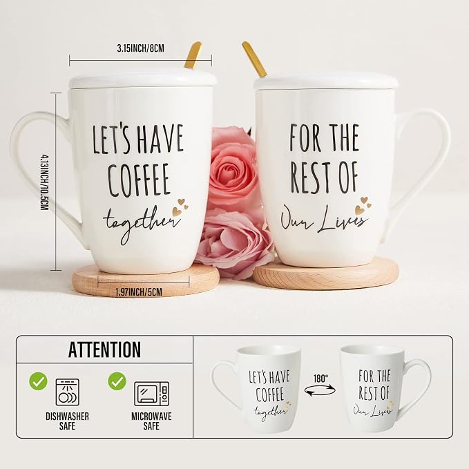 AW BRIDAL Ceramic Engagement Gifts For Couples Coffee Mugs Set Of 2, 12 Oz | Unique Newly Engaged Bachelorette Bridal Shower Gift for Bride, Anniversary Wedding Gifts for Couple Housewarming Gift Ideas