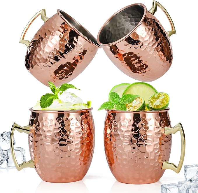 Amrules 4 Pcs 16oz Moscow Mule Mugs Hammered with Angled Handle, Copper | 304 Stainless Steel Lining, Delicate Hammered Finish, Firm Handle, for Cold Drinks, Cocktails, Wine, Beer, Bars & Parties
