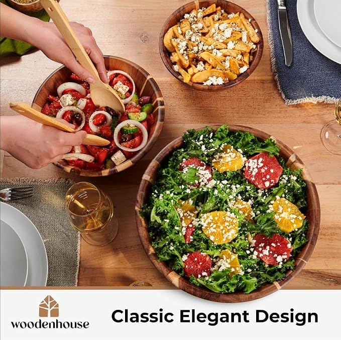 Wooden Salad Bowl Set of 3, Round 12" 10" 8" Wood Bowls for Serving Food | Rustic handcrafted trio in large, medium and small; warm natural tones for mixing, popcorn and table decor