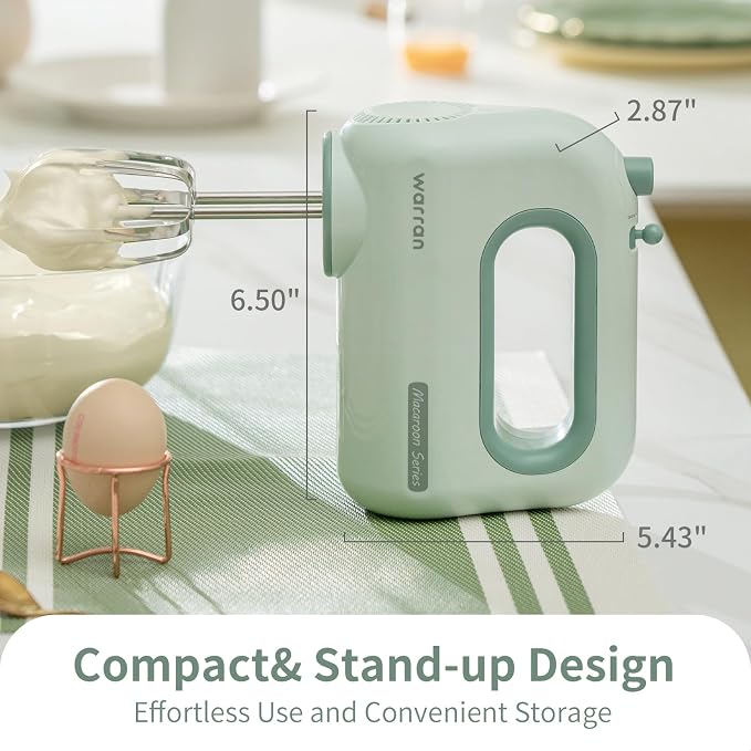 300W Compact Lightweight Electric Hand Mixer, with Powerful Quiet DC Motor for Baking, Cake, Brownies, Cookie Dough, Ideal for Home Kitchen (Green)