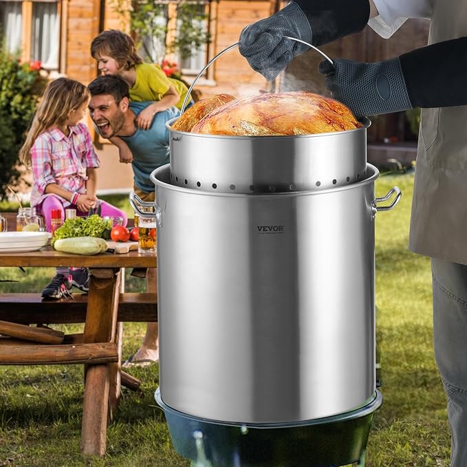 VEVOR Stainless Steel Stockpot, 64 Quart Large Cooking Pots, Cookware Sauce Pot with Basket, Lid, and Handle, Heavy Duty Commercial Grade Stock Pot, Sanding Treatment, for Large Groups Events Silver