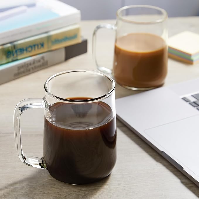 Large Glass Coffee Mugs, 24 oz Glass Coffee Cups Set of 2, Clear Borosilicate Glass Mugs with Handles for Cappuccino, Tea, Latte, Hot/Cold Beverages, Wine, Americano, Smoothies