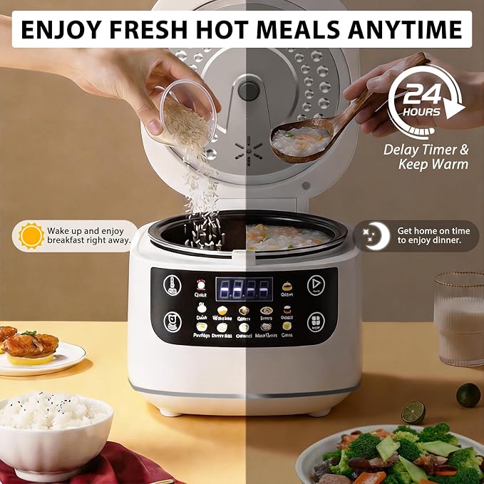 Portable Digital Rice Cooker, 6-Cup (Uncooked)/12-Cup (Cooked) Small Rice Maker with Steaming Basket, Mini Rice Cooker with 2L Removable Nonstick Inner Pot, 10 Menu Options, Auto Keep Warm, 24 Hour Delay Timer, White
