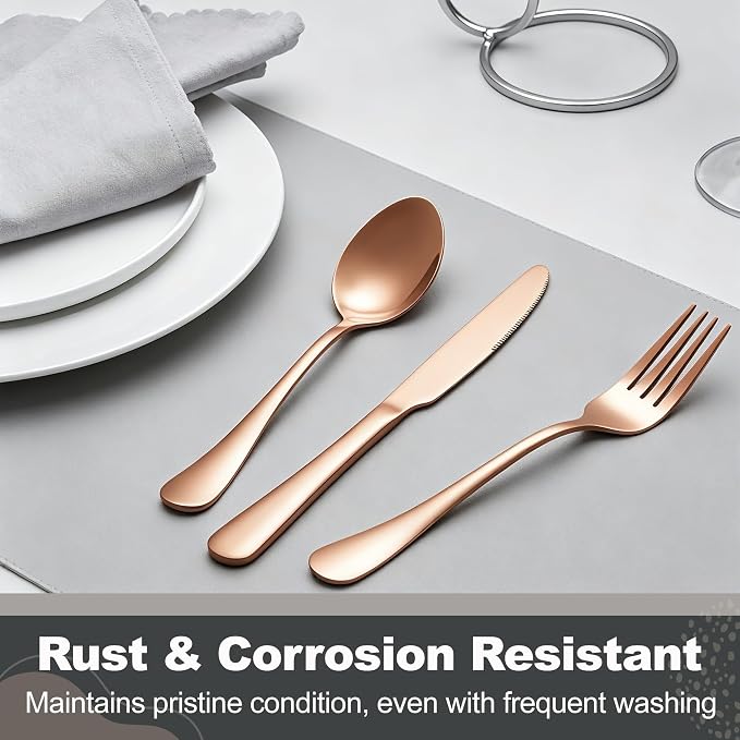Runfly 40-Piece Rose Gold Flatware Set, Stainless Steel Cutlery Set for 8 | Mirror Polished Durable Utensil Set Includes Knife Fork Spoon for Home Kitchen Restaurant Tableware