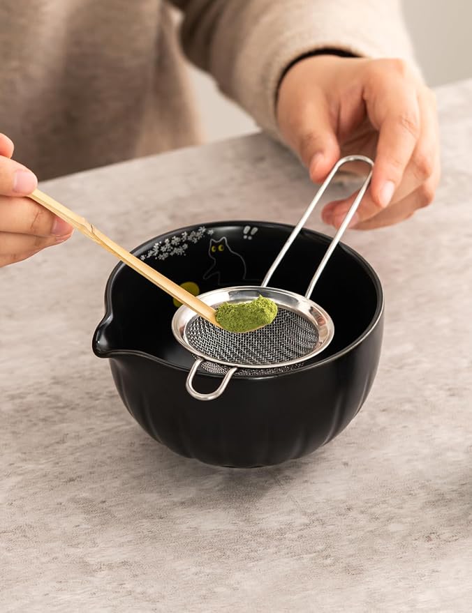 TANG PIN Premium Matcha Set - Japanese Traditional Matcha Making Kit | Matcha Bowl (Chawan), Bamboo Whisk (Chasen) & Holder - Complete Matcha Maker Starter Tools for Matcha Tea & Latt (Cat)