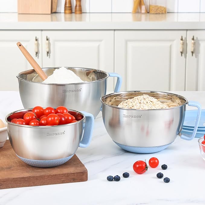 Stainless Steel Mixing Bowls Set with Lids,1.5,3 & 5 Qt,Light Blue | Non-Slip Silicone Base,Precision Pour Spout,Ergonomic Easy-Grip Handle,Measurement Marks,Airtight Lids,Cooking & Meal Prep