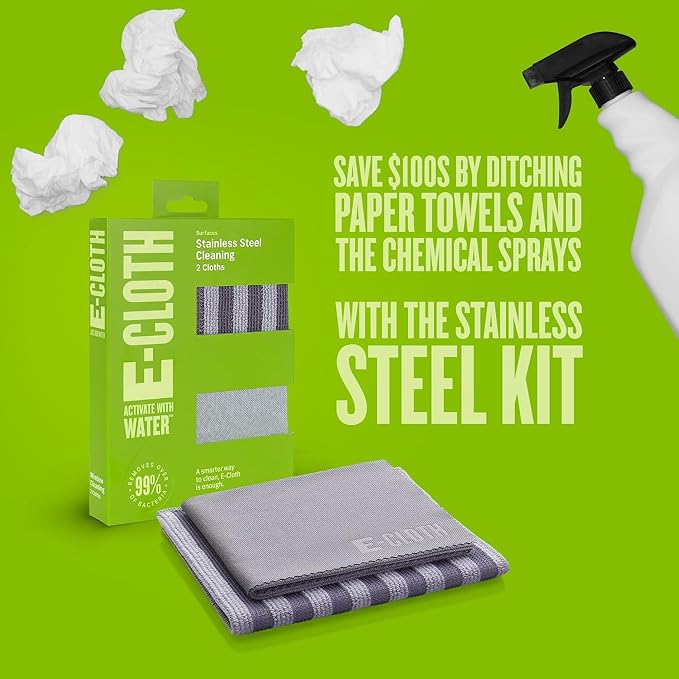 E-Cloth Stainless Steel Cleaning Cloth Pack - Wipes Clean with Water | Glass & Polishing + Stainless Steel Cleaner Cloth for Appliances, Cars & More, Reusable & Washable Towels