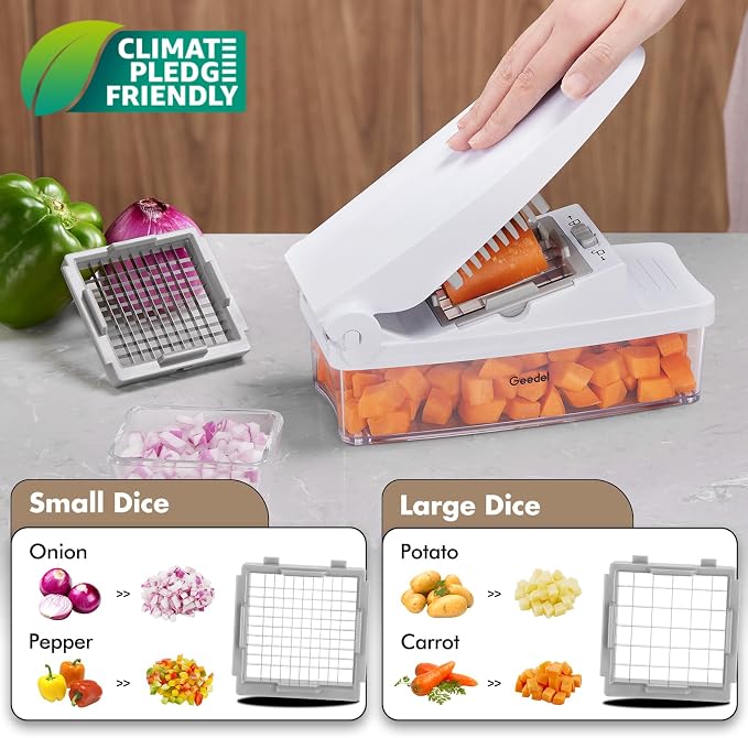 Geedel Vegetable Chopper with Container, 4 in 1 Food Chopper Veggie Slicer | Onion Chopper, 420 Stainless Steel, Safety Lock, Dishwasher Safe, No BPA, Cleaning Brush Included, for Vegetables, Cheese