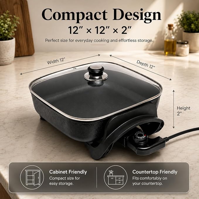Moss & Stone Square Electric Skillet with Lid, 12-Inch Nonstick Frying Pan | 5 Qt Electric Frying Pan with Adjustable Temperature Control, Vented Glass Lid, Heat-Resistant Handles & Dishwasher Safe