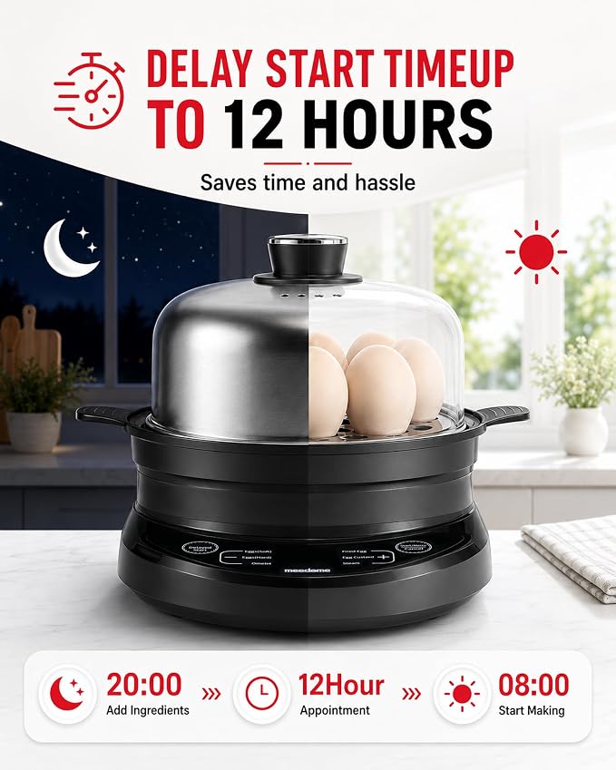 Rapid Egg Cooker, Stainless Steel Electric Egg Steamer for Hard and Soft Boiled Eggs, Fried Egg and Omelet Maker, Auto Shut-Off, Dishwasher-Safe Parts, BPA-Free, Holds 7 Eggs, Black