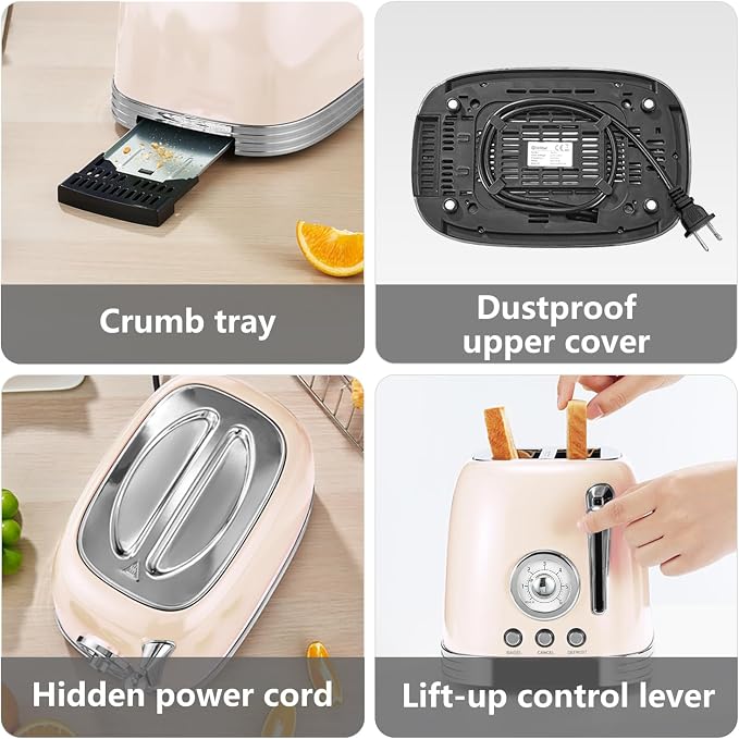 Wiltal Beige Cute Retro Toaster 2 Slice with 1.58" Wide Slots, Bread toaster with Cover and Warm Rack, Stainless Steel Toasters with Removable Crumb Tray, Preheat, Defrost, Cancel Function (Cream)