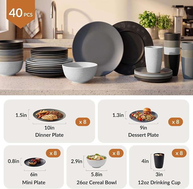 40 PCS Kitchen Plates and Bowls Sets for 8 Wheat Straw Dinnerware Sets Microwave and Dishwasher Safe Camping Dish Set Plate Set, Kids, Reusable, Unbreakable, Lightweight-BlackGrey