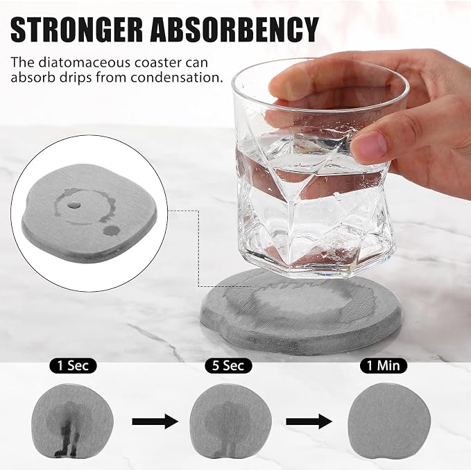 Diatomaceous Earth Coasters Set of 8，Cool Absorbent Quick-Dry Drink Coasters for Desks, Cute Modern Stone Design with Stylish White Aesthetic (8, Light Grey)