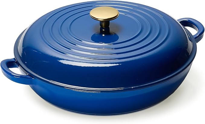 CAROTE 3.4QT Enamel Cast Iron Cookware, Skillet with Lid, Blue Dutch Oven | Shallow Round Braiser Pan Oven Safe, Non-Toxic Pot for Grilling, Searing, Baking, Dual Handles, All Stovetop Compatible