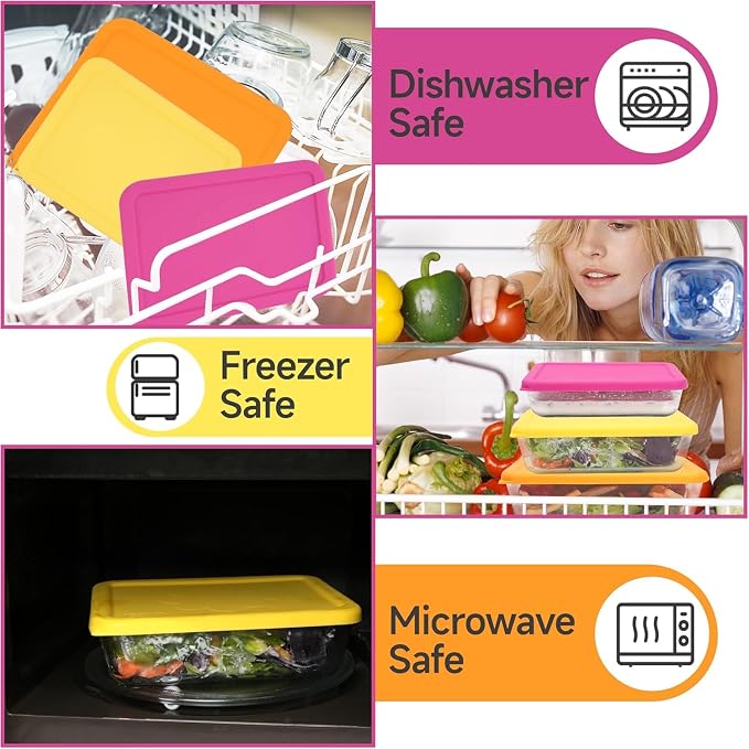 3 Cup 6 Cup 11 Cup Rectangle Silicone Storage Cover Lids Replacement for Pyrex 7210-PC, 7211-PC, 7212-PC Glass Bowls, (Container not Included) 3 Pack, Microwave, Dishwasher and Freezer Safe