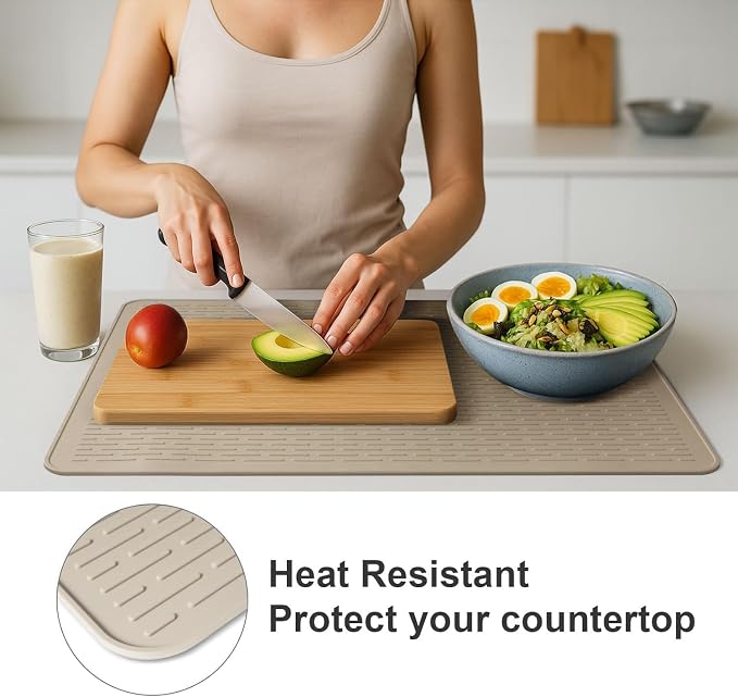 Stove Top Cover for Electric Stove - Food Grade Ceramic Stove top Cover, Silicone XXL Dish Drying Mat, Glass Cooktop Covers, Flat RV Range top Mats (Taupe,28x20)