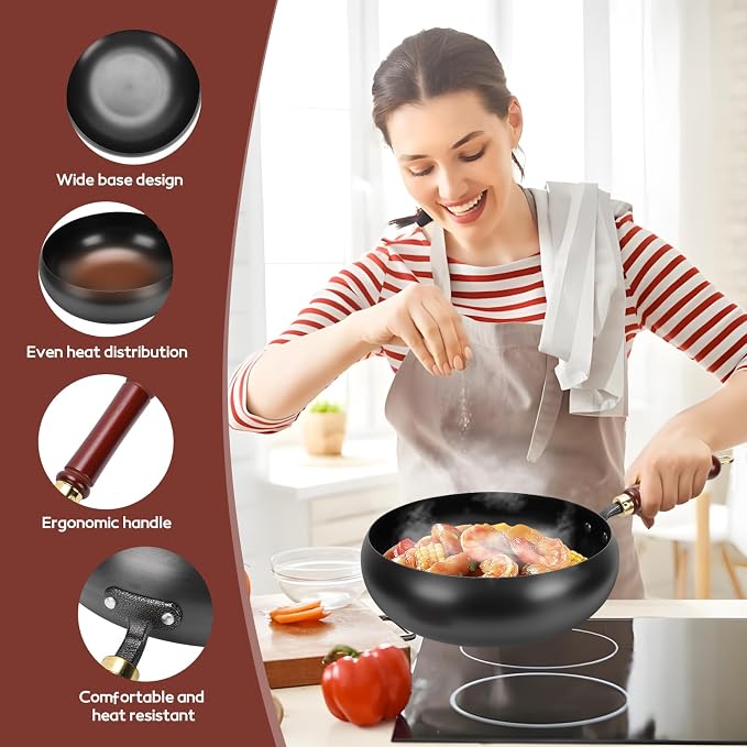 Gugxiom Suntuup Japanese Iron Pan, 28cm Cast Iron Wok, with Spatula, 2 Covers to Choose From, for Pots On Electric Stoves/Induction Cookers/Gas Stoves (Glass lid)