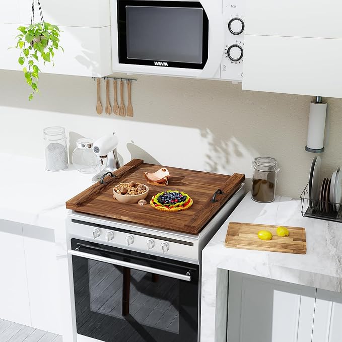 Noodle Board Stove Cover 29.5x22" with Handle Wooden Stove Top Cover Board for Electric Gas Stove Burner, Glass Range Stovetop Cover