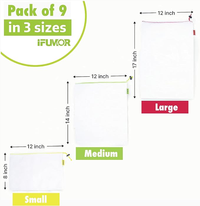 9 Pack Eco Friendly Reusable Mesh Produce Bags Washable Durable Drawstring with Colorful Tare Weight Tags Grocery Storage Vegetable Bags 3 Sizes