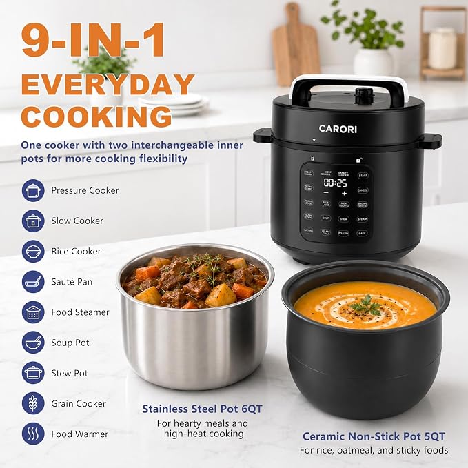 CARORI 6 Qt Electric Pressure Cooker, 9-in-1 Multi-Cooker with 2 Inner Pots, 6 Qt Stainless Steel Pot and 5 Qt Ceramic Nonstick Pot, 12 Presets, IMD Touchscreen, Black