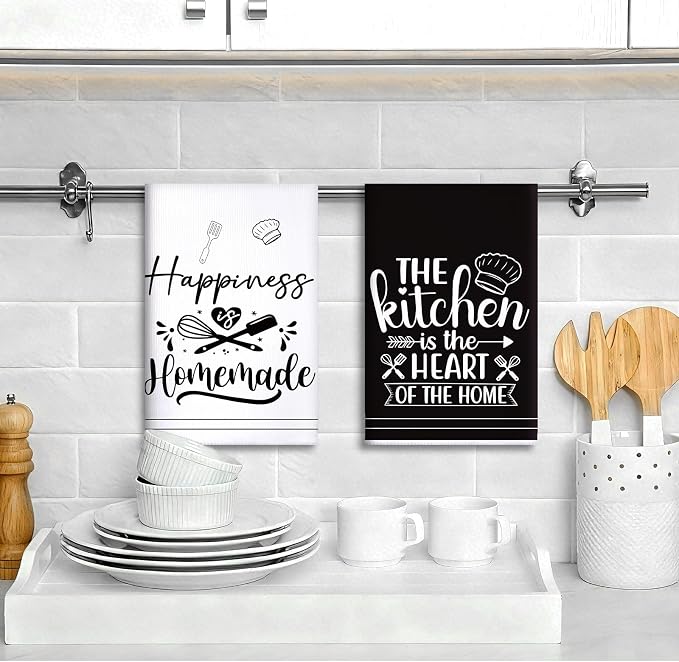 Sratte 6 Pcs Kitchen Decor Accessories Set, Kitchen, White | Farmhouse Kitchen Towels Pot Holders Oven Mitts Set 2 Dish Towels 2 Potholders 2 Cooking Mittens for Baking Cooking Supply