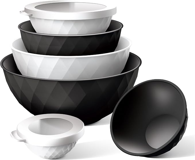 COOK WITH COLOR Mixing Bowls with Lids - 12 Piece Plastic Nesting Bowls Set includes 6 Prep Bowls and 6 Lids, Microwave Safe Mixing Bowl Set, Black and White Diamond