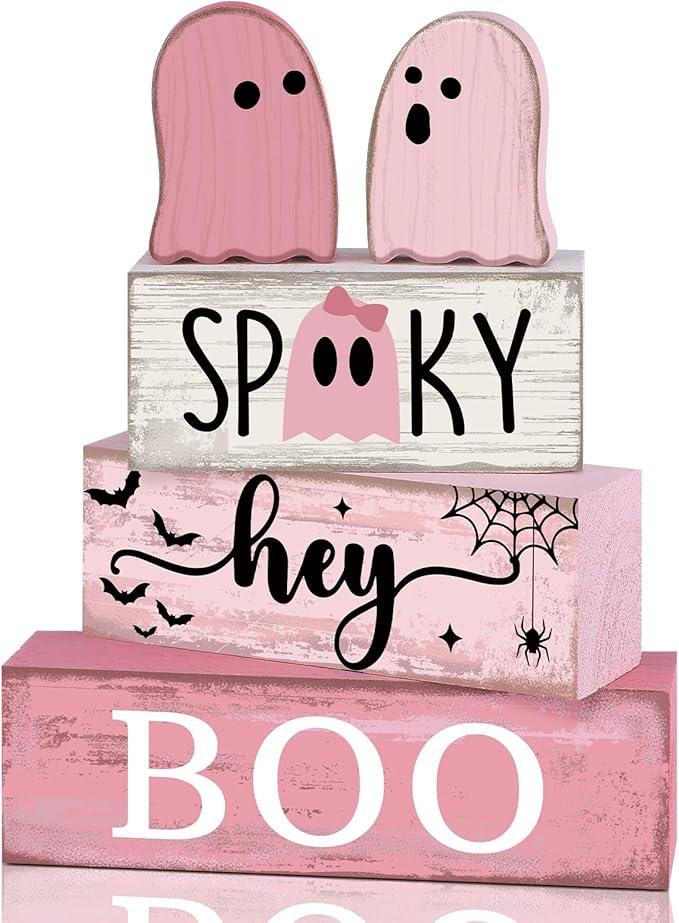 Lineshading 4 Pcs Pink Halloween Tiered Tray Decor, Wooden Ghost Signs | Cute Farmhouse Tabletop Decorations, Rustic Wood Blocks with SPOOKY BOO Text, Pink Aesthetic Centerpiece for Party Display