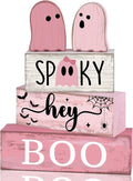 Lineshading 4 Pcs Pink Halloween Tiered Tray Decor, Wooden Ghost Signs | Cute Farmhouse Tabletop Decorations, Rustic Wood Blocks with SPOOKY BOO Text, Pink Aesthetic Centerpiece for Party Display