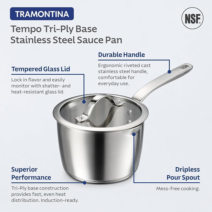 Tramontina Tempo Tri-Ply Base Stainless Steel 2-Qt Small Sauce Pan with Lid | Induction-Ready Saucepan, Oven-Safe, Dishwasher-Safe